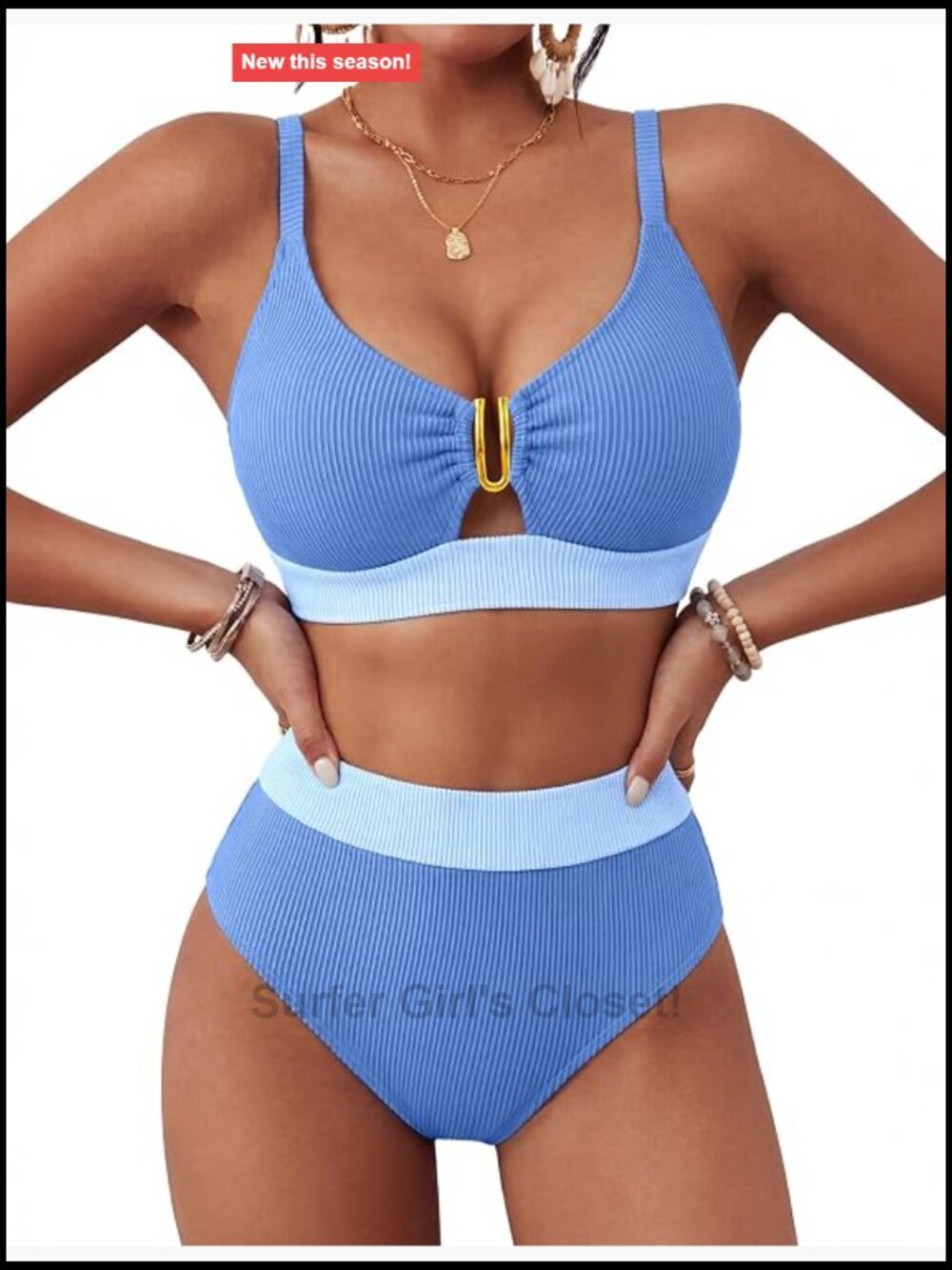 High Waisted Bikini Set Ribbed V Neck Cutout Lace Up Back Two Piece Swimsuit